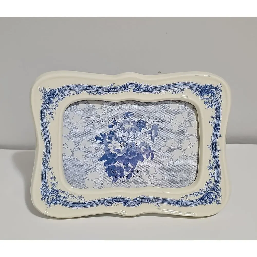 Michel & Co Ceramic Picture Frame Scallop Edge Blue Floral Toile Shabby Chic